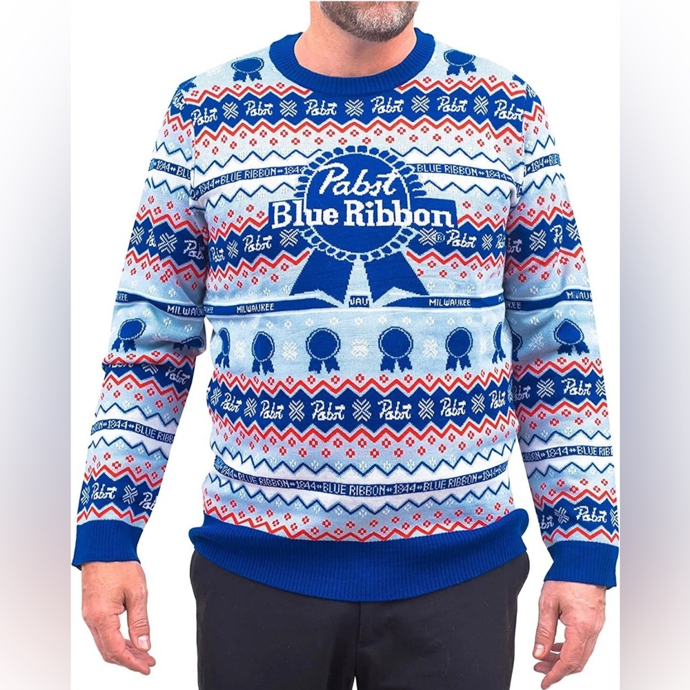Pabst blue ribbon ugly Christmas Men's Sweater - Blue and Red